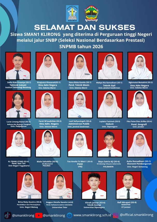 19 SISWA SMA NEGERI 1 KLIRONG LOLOS SNBP 2026